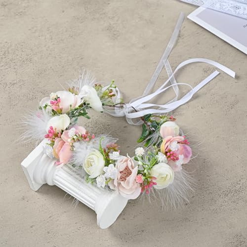 Baby Girls Flower Crown Flower Girl Headpiece boho Little Wreaths for Weddings, Family photography (Pink White)4