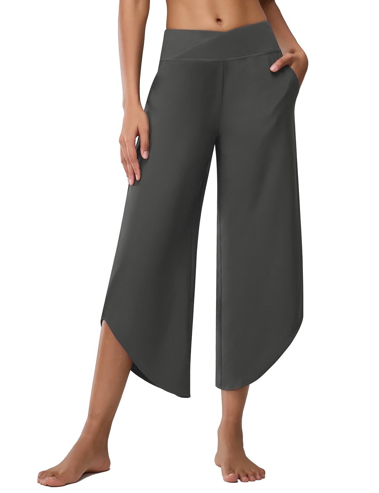 Emlovm Women's Travel Pants Cross High Waist Wide Leg Lounge Cropped Pants Lightweight Casual Yoga Trousers w Pockets