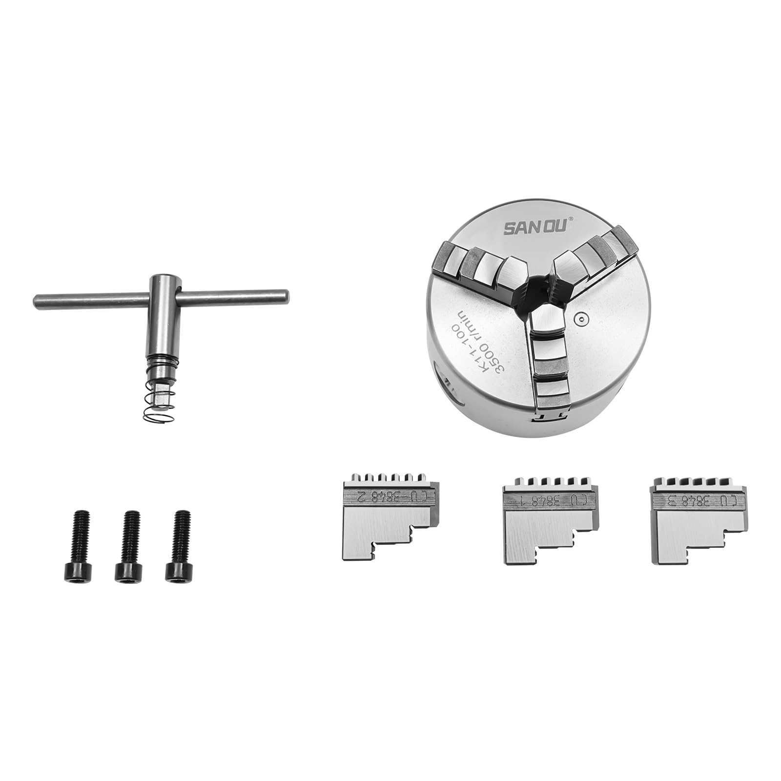 Dreibackenfutter/Drehbankfutter, 100mm Dreibackiges Selbstzentrierendes Spannfutter mit 3 Federschlüsseln und Schrauben, Spannbereich 30-90mm