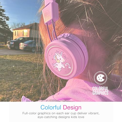 Image of MEE audio KidJamz KJ55 Wired Children's Headphones with 3.5mm Plug, Colorful Graphics, Volume Limiter & Microphone, Adjustable On-Ear Kids Headset for Online Learning /School /Travel /Tablet (Pink)