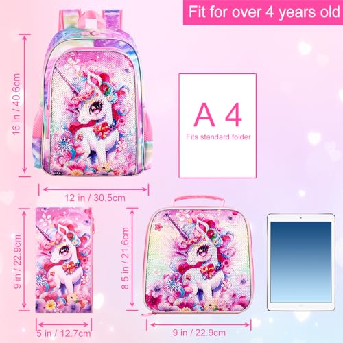 Image of HPJGD 3PCS Unicorn Backpack for Girls, Water Resistant Kids Sequins Bookbag Set with Lunch Box,Cute Elementary School Bag for Preschool Toddler