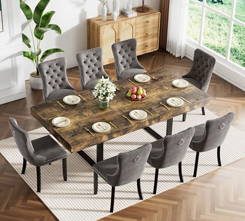 Image of Rustic Brown Dining Room Table Set for 8, 9-Piece 63 inch-78.74 inch Extendable Dining Table Set with 8 Upholstered Chairs, Rectangle Wooden Expanding Kitchen Table and Grey Chairs Set