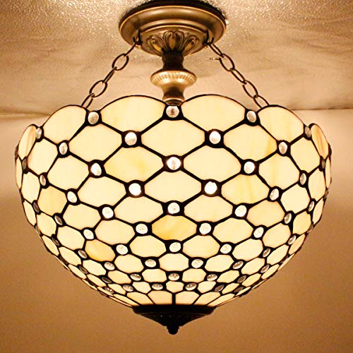 Image of WERFACTORY Tiffany Ceiling Light Fixture Stained Glass Semi Flush Mount 16 inch