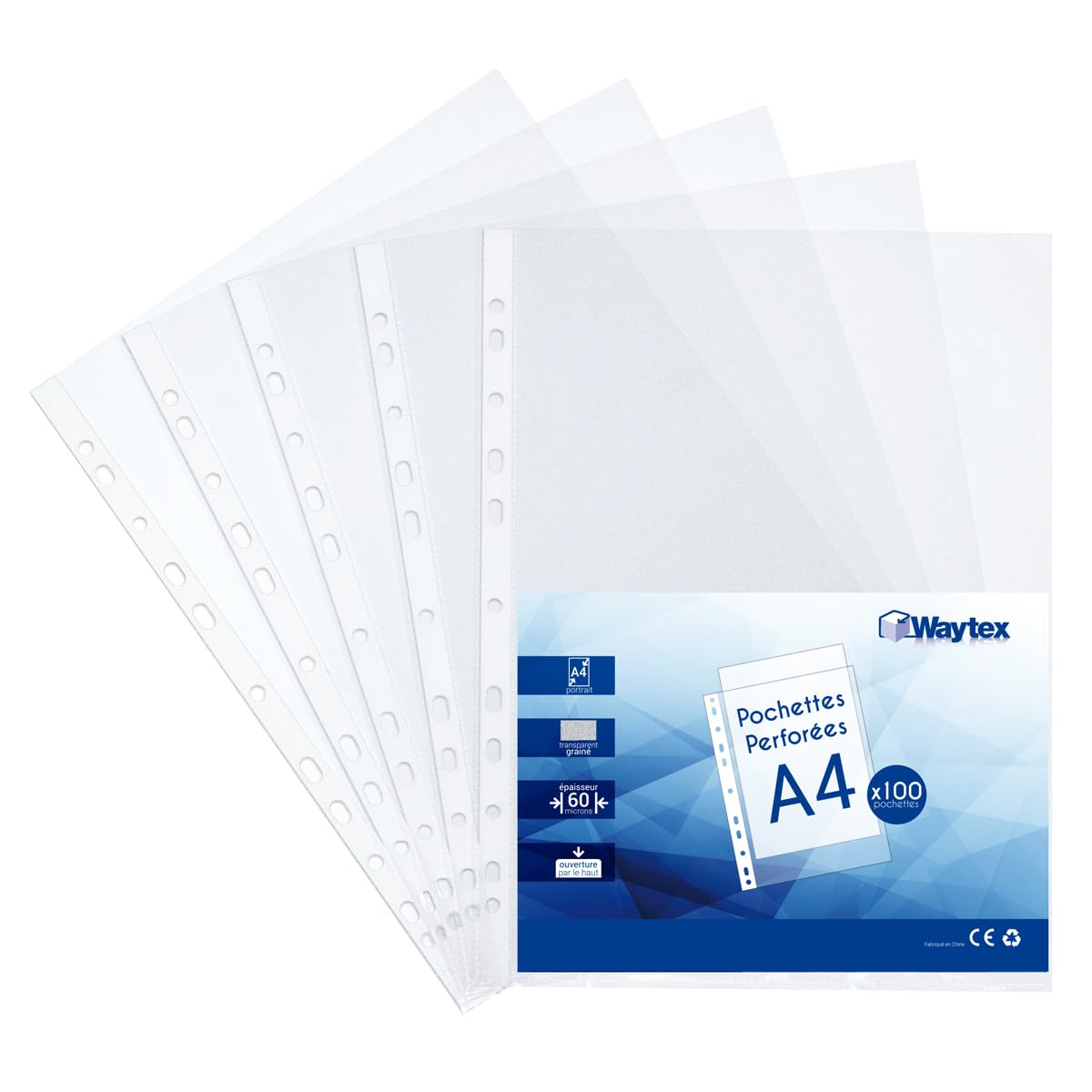 Waytex 931305 Perforated Pockets A4 Grained Transparent 60 Microns - Pack of 100