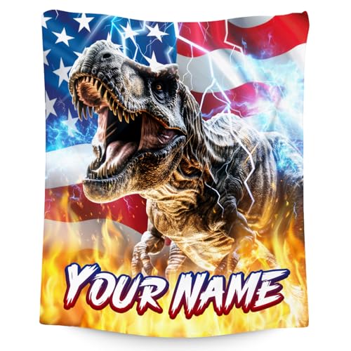Dinosaur Blanket - Personalized Blankets for Boys Men - Custom Gifts with Name - Soft Flannel Throw for Couch, Bed - 4 Sizes