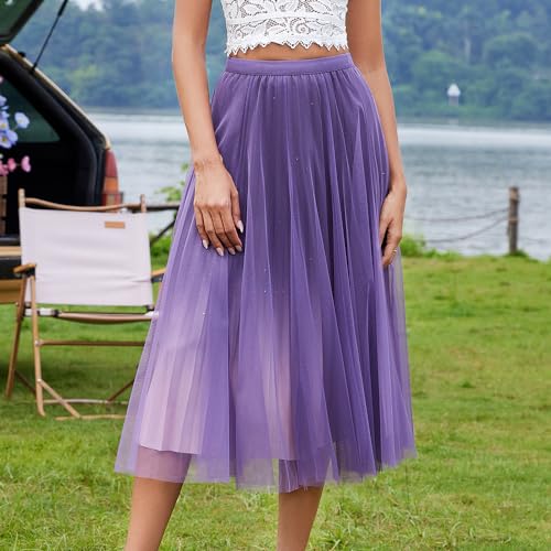 Women's Midi Skirt Tulle Skirt Layered Sequin Pleated Skirt High Waist Gradient Skirt3