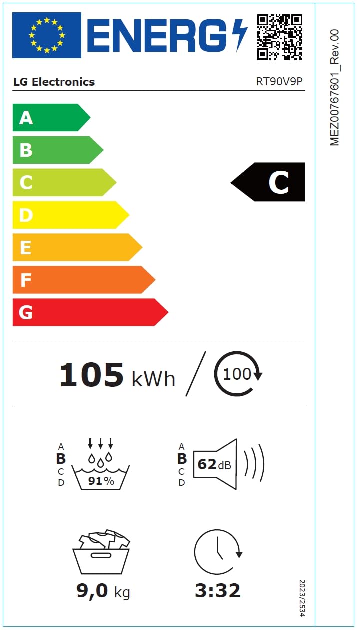 LG RT90V9P Wärmepumpentrockner – 9 kg Kapazität, Dual Inverter Technologie, Automatisch selbstreinigender Kondensator, Sensor Dry, Allergy Care, Reversive Trommel, Smart Diagnosis, ThinQ App, Weiß