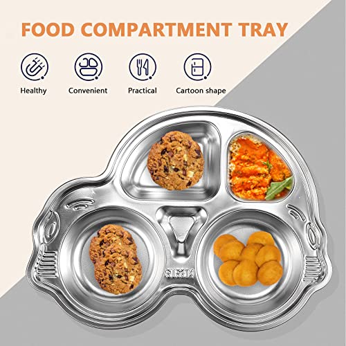 Image of Happy Hues Stainless Steel Divided Meal Plate Tray-3 Compartments Dinner Dish for Baby- Toddler- Kids Eating Food- Car Shape
