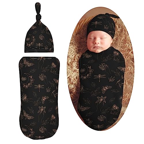 Image of AuHomea Butterflies and Dragonflies Newborn Swaddle Blanket with Beanie Set Soft Baby Sleep Sack Stretch Adjustable Swaddle Wraps Receiving Blankets