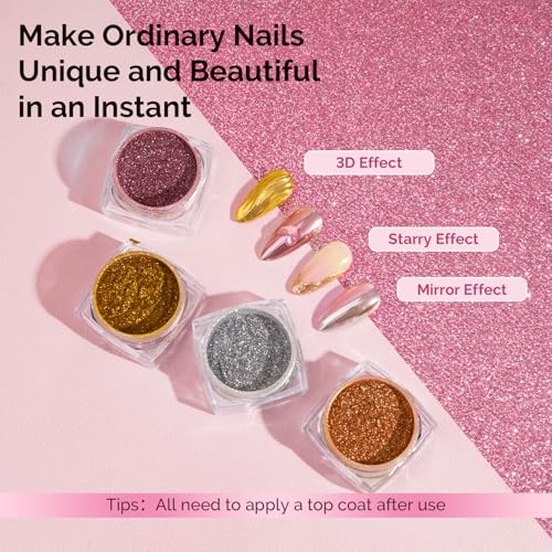 Image of MelodySusie 4Pcs Chrome Nail Powder for Gel Nails,Metallic Mirror Effect Pigment Stylish and Technological Fine Glitter for Home DIY Salon Use
