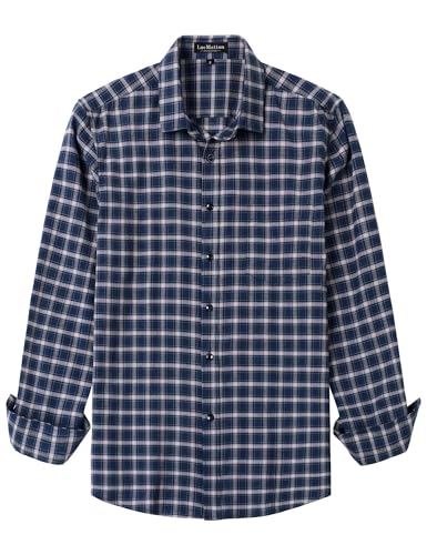 LucMatton Men's Lightweight Gingham Dress Shirt Casual Business Slim Fit Plaid Long-Sleeve Button Down Shirts Navy Blue X-Large