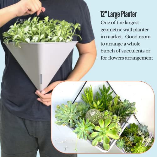 Lalagreen Succulent Wall Planters - 2 Pack, 12 Inch Large Self Watering Wall Hanging Planters For Indoor Plants Gray Wall Mount Triangle Geometric Flower Vase Pot Black Metal Hanger Living Wall Decor #TOP2