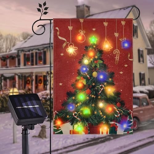 Solar LED Christmas Tree Flag, Lighted 12x18 Double Sided Merry C...