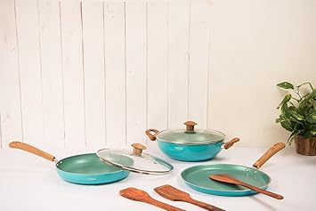 de'Prism Sapphire 3 PCS Non-Stick Cookware Set, Kadhai, Fry Pan, Tawa - with Induction and Glass LID - Turquoise Blue
