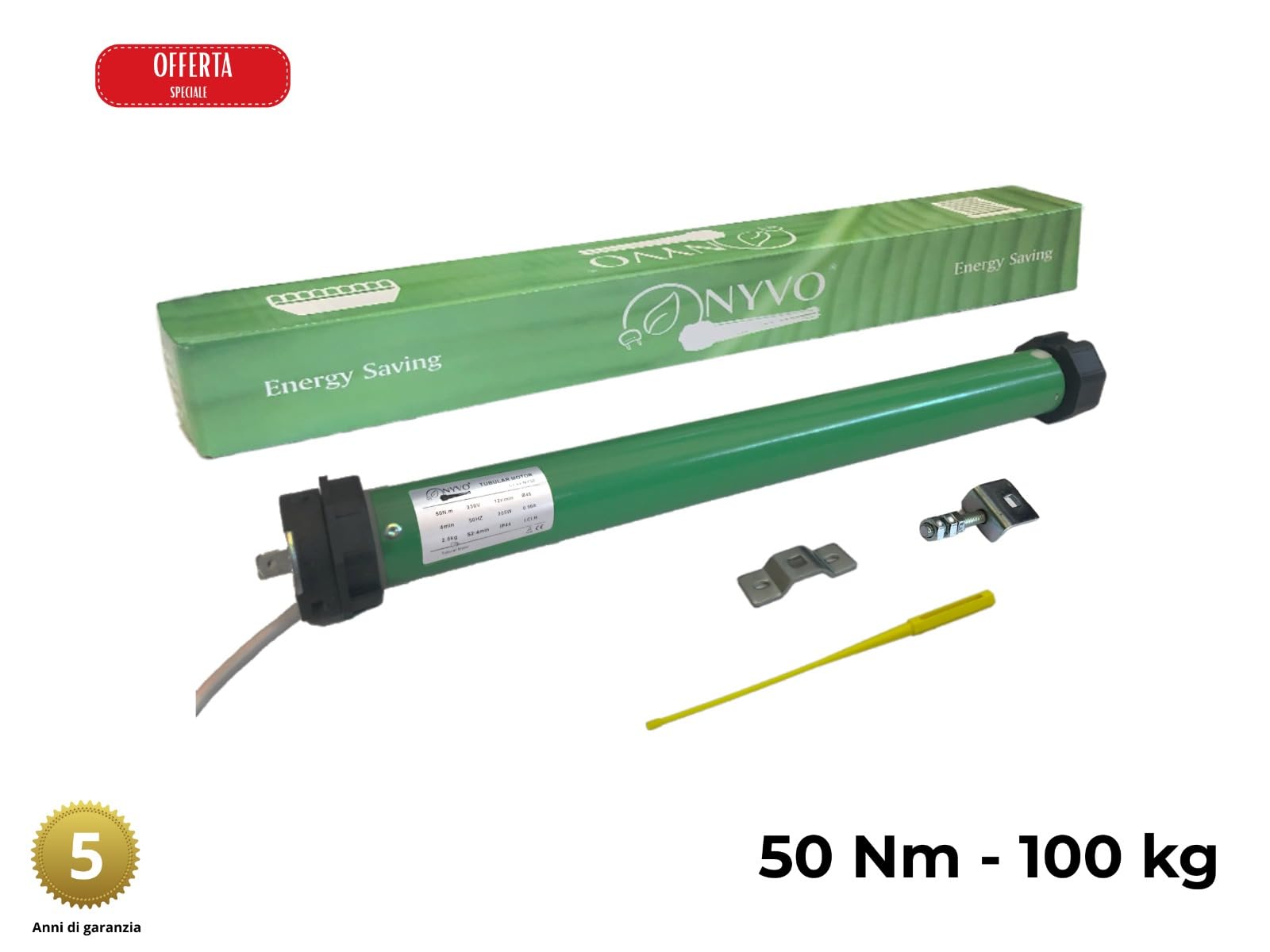 Motore Tapparella Avvolgibile Tapparelle STAFFA REGOLABILE INCLUSA a RISPARMIO ENERGETICO Automazione Completo con accessori e istruzioni incluse (50 Nm / 100 kg)