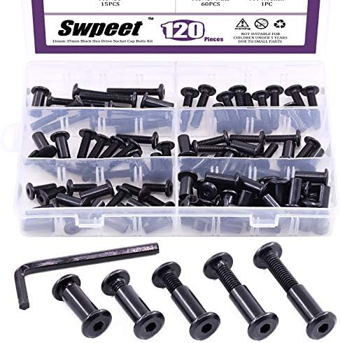 Swpeet 120Pcs M6x16mm/20mm/25mm/30mm/35mm Carbon Steel Black Hex Drive Socket Cap Bolts Barrel Nuts Kit with 1Pcs Allen Wrench, Screw Post Fit for Furniture Countsunk Belt Buckle Leather Binding Bolts