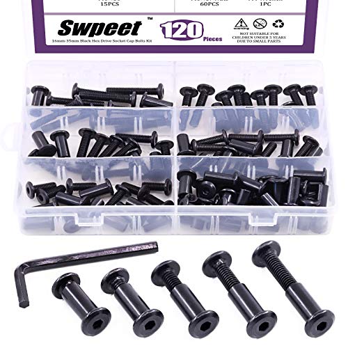 Swpeet 120Pcs M6X16Mm/20Mm/25Mm/30Mm/35Mm Carbon Steel Black Hex Drive Socket Cap Bolts Barrel Nuts Kit With 1Pcs Allen Wrench, Screw Post Fit For Furniture Countsunk Belt Buckle Leather Binding Bolts #TOP3