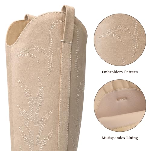 Bigwow Women's Western Cowboy Knee-High Boots Suede Embroidery Pointed Toe Tall Boots Side Zipper Low Chunky Heel Long Boots for Ladies4