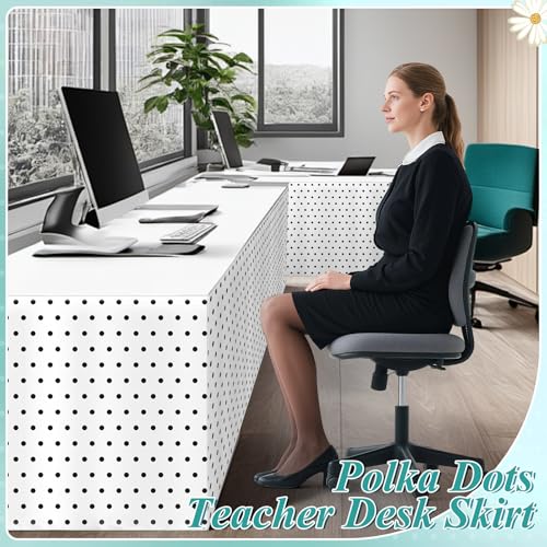 Image of 4FT Black and White Table Skirt Polka Dots Teacher Desk Skirt Classroom Desk Skirt for Back to School Decorations Classroom Table Cloth for Back to School Party Supplies Dorm Office Bookcase Cabinet