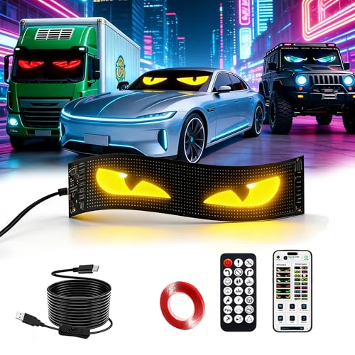 LED Devil Eye Lights for Windshield 14.7x3.6 LEDs Flexible APP Control Programmable LED Sign for Car Truck Motorcycle RV Window Custom Animated Eyes Matrix Panel with Remote Car Accessories
