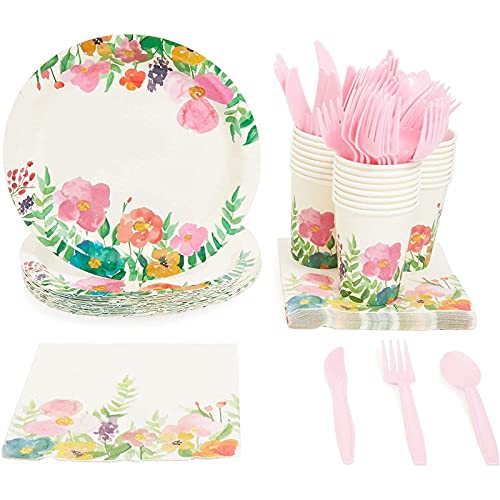 Watercolor Floral Party Bundle, Includes Plates, Napkins, Cups, and Cutlery (24 Guests,144 Pieces)