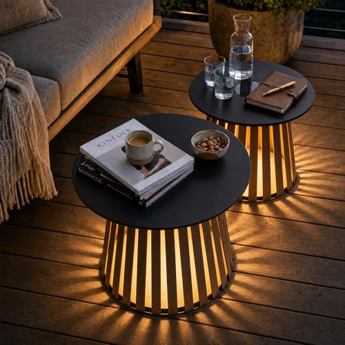 Pationate Solar Outdoor Side Tables with Built-in LED Light Set of 2 Extra-Wide Textured Wicker Nesting Tables for Patio Balcony Poolside & Porch