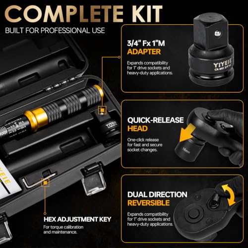 Image of YIYEIE 3 /4″ Drive Click Torque Wrench Set 3PCS, 100-700 FT-LB /136-949 Nm | ±3% Accuracy, 48-Tooth Ratchet, Dual-Direction Loud Click Torque Wrench for Heavy Trucks, RV, Tractor, Trailer,Diesel Engine