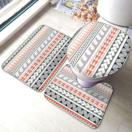 UBINYSS Badematte + Konturmatte + Toilettendeckelbezug, Abstraktes geometrisches Muster 3 Stück Badematten Set, mit rutschfester Klebeunterseite