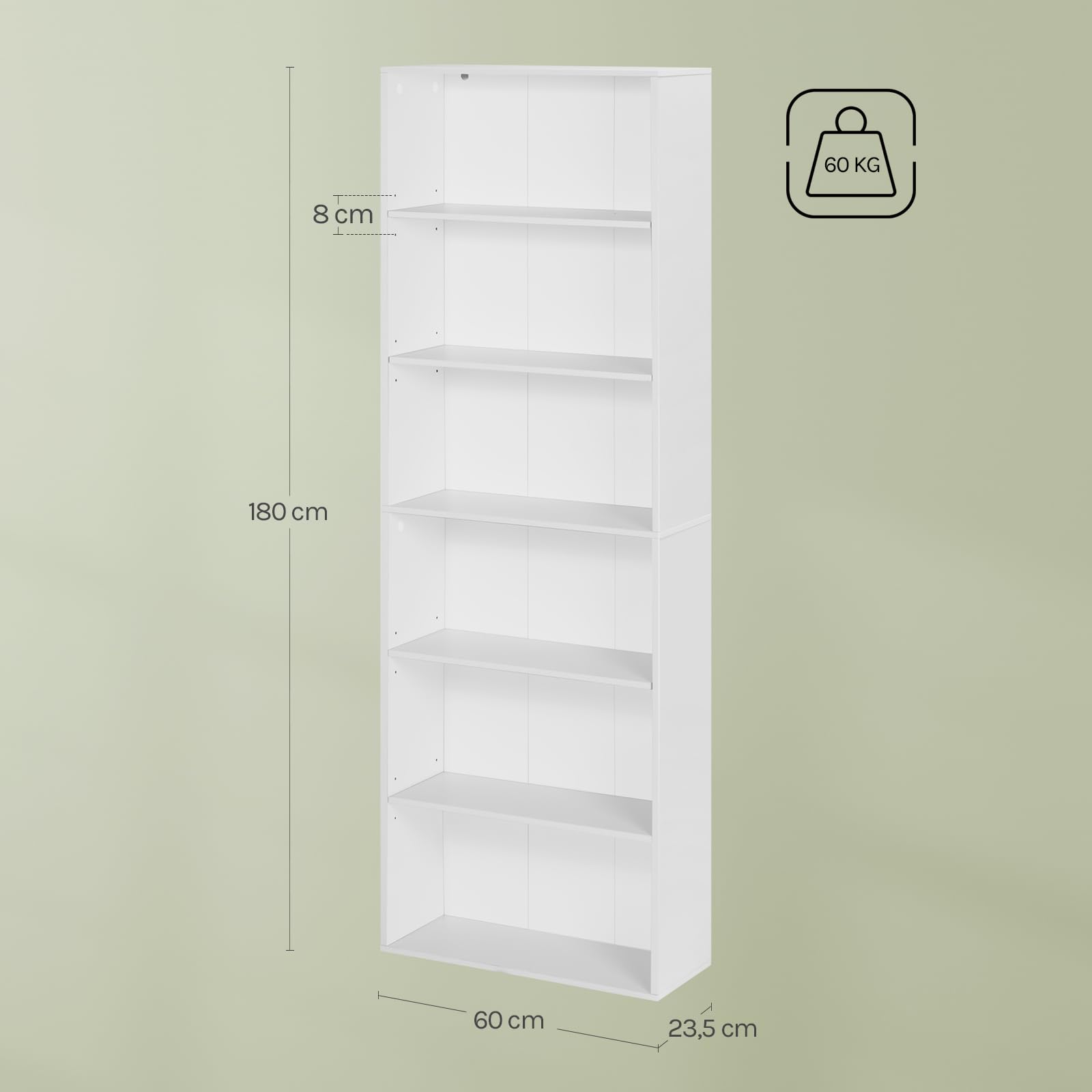 WOLTU Libreria, scaffale con 6 ripiani regolabili, scaffale aperto, divisorio in piedi, per soggiorno, ufficio, camera da letto, 60 x 180 x 23,5 cm, bianco, SK052ws