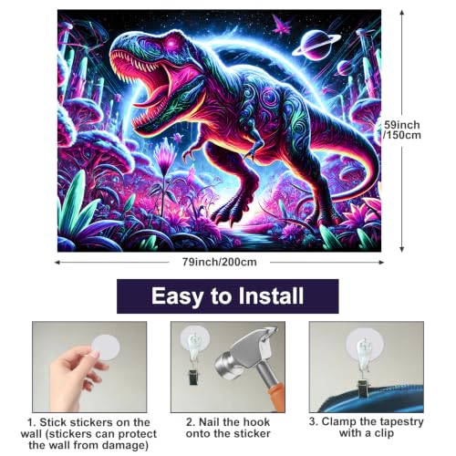Image of BlissYard Blacklight Tapestry Dinosaur Decor 78x59 Inch Neon T Rex Glow in Dark Backdrop Blacklight Tapestry Psychedelic Jungle Scene for Bedroom Wall Hanging Party Room Fantasy Beast Art