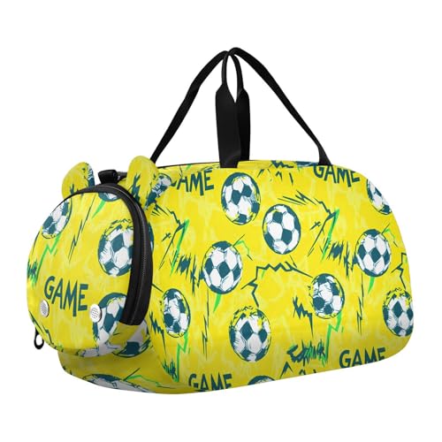 Gym Travel Duffle Bag for Boys Girls Yellow Football Game Pattern Sports Dance Bag with Shoe Compartment & Wet Pocket Football Kids Travel Bag Teens Sleepover Carry