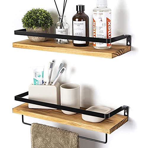 Booboost Estantería flotante de madera para colgar en la pared, 2 juegos de pino, estantería decorativa rústica con toallero extraíble, estantes de pared de madera para sala de estar o baño