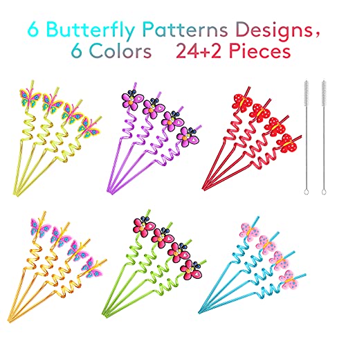 24 Butterfly Drinking Straws With 2 Pcs Straws Cleaning Brush For Butterfly Birthday Party Supplies Favors Decorations #TOP5