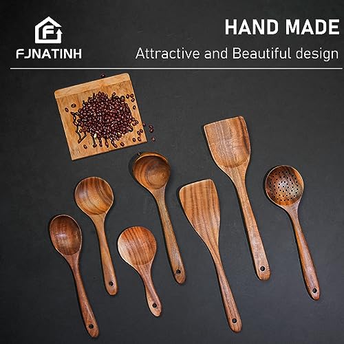 Conjunto de espátula de madeira 7 peças de colher de madeira de utensílio de cozinha de teca natural