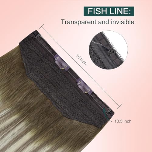 Image of Easyouth Wire Hair Extensions Ombre Wire Hair Extensions Real Human Hair Dark Brown Ombre Medium Brown Balayage Blonde Fish Line Human Hair Extension Easy to Install 14 Inch 70g