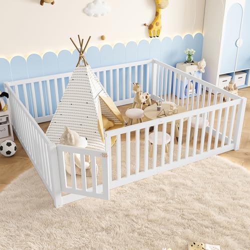Image of Bellemave Queen Size Kids Montessori Floor Bed with Door,Solid Wood Floor Bed Frame with High Fence for Girls,Boys,White