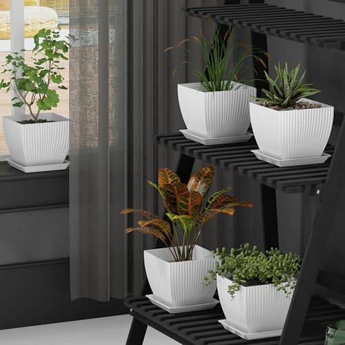 Image of ELUVIA 7-inch Square Planters with Saucers (Set of 5) - Modern Fluted Flower Pots with Drainage Holes and Trays - Premium Plastic Indoor Outdoor Plant Pots for Succulents, Flowers (White)
