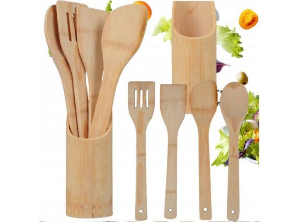 Set de Utensilios de Cocina de Bambú Natural (5 Piezas) con Soporte |...