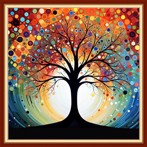 Image of Findvoor Stamped Cross Stitch Kits for Beginners Full Range of Cross Stitching Embroidery Pattern for Adults, 11CT DIY Needlepoint Embroidery Starter Kits-Colorful Moon Tree 17.7x17.7 inch