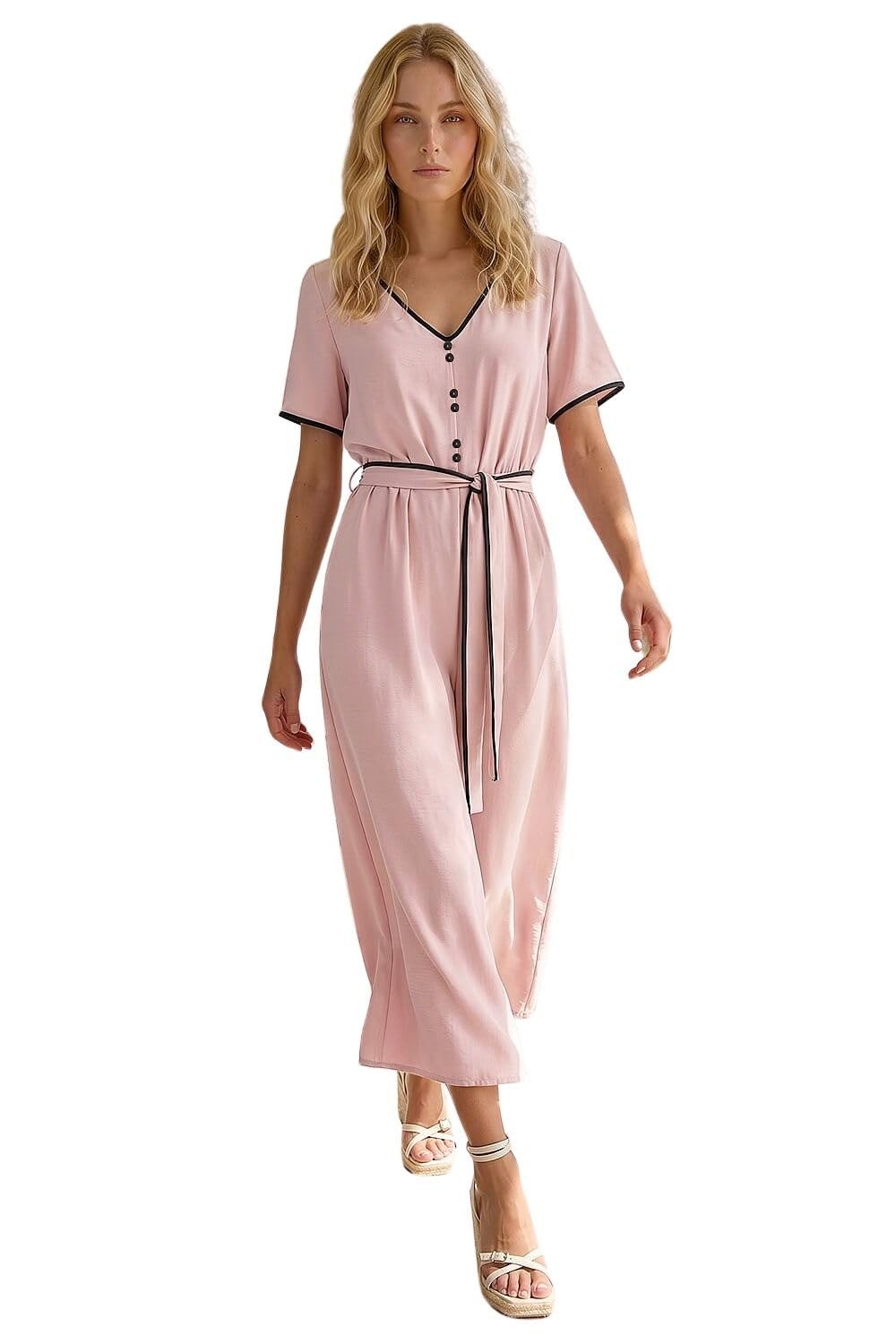 Roman Women's Light Pink Tie Waist Wide Leg Jumpsuit In | : Size 18