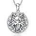 Wolf Halskette Keltischer Knoten 925 Sterling Silber Mond Viking Anhänger Halskette Schmuck Geschenke für Frauen Männer Mädchen
