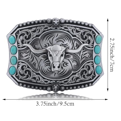 Image of Turquoise Belt Buckle for Men Western Cowboy Rodeo Longhorn Belt Buckle