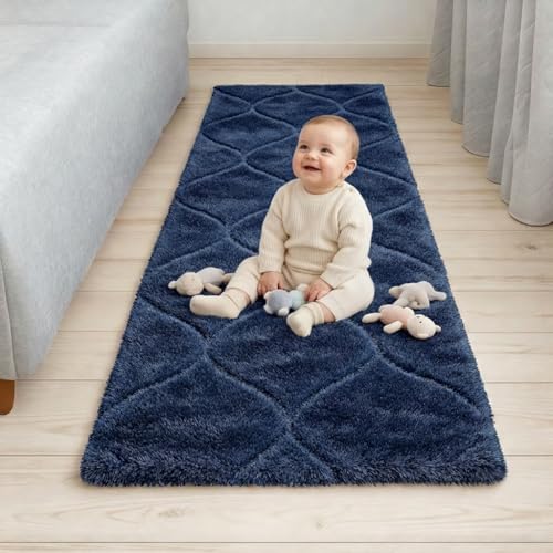 Image of Carpet for Hallway, Kitchen, and Modern Interiors, Cozy Shag Runner for Living Room, Entryway & Office Decor Size 2x6 feet Full Blue