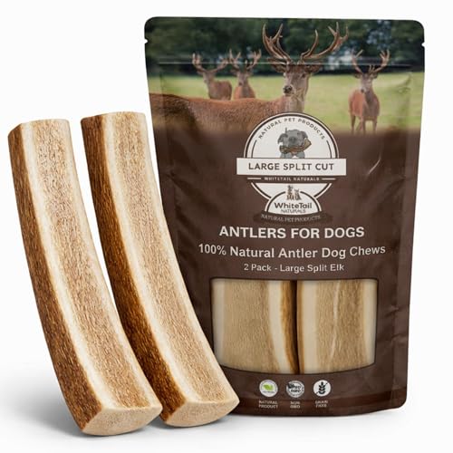 WhiteTail Naturals Split Elk Antlers for Large Dogs (2 Pack- Large) - Naturally Shed Long Lasting Dog Antlers - Tough Chew Bones for Aggressive Chewers
