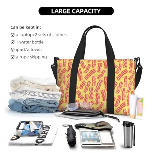 Carry On Duffle Bags Overnight Weekender Bags for Women, Cute Bacon Print Yellow Personal Item Travel Bag, Travel Essentials Sport Gym Bag for Men Women4