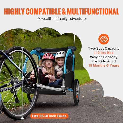 Image of VEVOR Bike Trailer for Toddlers Kids, Single & Double Seat Options, 2-in-1 Canopy Carrier with Strong Frame Converts to Stroller, Tow Behind Foldable Child Bicycle Trailer with Universal Coupler