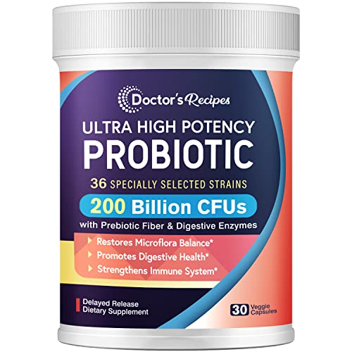 Probiotics for Women and Men, 200 Billion CFU 36 Strains, with Prebiotic Fiber & Enzymes, Restores Microflora Balance, Shelf Stable, Delayed Release, Ultra High Potency, No Soy Gluten Dairy, 30 Caps