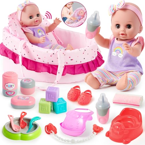Tacobear Puppenzubehör Baby Puppe mit Zubehör Puppenbett Puppentrage Schnuller Töpfchen Flasche 30cm 12 Töne Puppenset Kinder Spielzeug Weihnachten Geburtstag Geschenk für Mädchen 3 4 5 6 Jahre