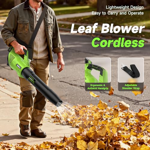Image of Leaf Blower Cordless, 650CFM Electric Leaf Blowers with 2 x 5.2Ah Batteries and Charger, 3 Speed Modes, 1 x Adjustable Shoulder Strap, Powerful Snow Blowers for Lawn Care, Patio, Dust, Blowing Leaves