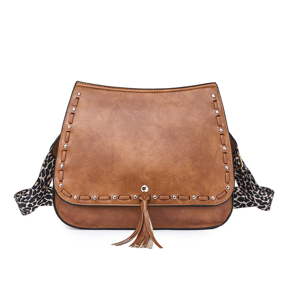 HQSOG Women Crossbody Handbag Faux Leather Shoulder Retro Purse Flap Satchel with Tassel and leopard print strap